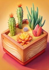 Poster - Colorful cactus arrangement in a wooden planter.