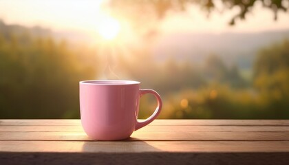 Wall Mural - Coffee / tea mug on a wooden table in the morning light