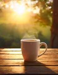 Wall Mural - Coffee / tea mug on a wooden table in the morning light