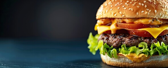 Delicious cheese burger on a black table with dark blue background and copyspace