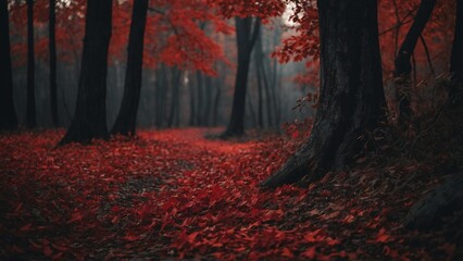 dark foggy spooky autumn forest landscape with red fall leaves on the ground and black tree silhouet