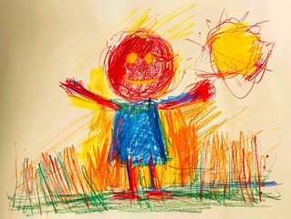 Wall Mural - A child's drawing of a smiling girl holding a ball