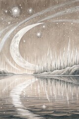 Wall Mural - Fantasy landscape with a crescent moon and reflections.