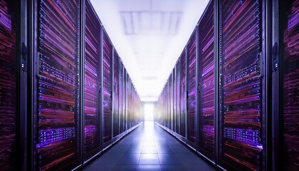 Digital journey through the technological wonderland exploring a long hallway of servers with purple lights