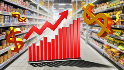 Price inflation. Rising cost of goods. Grocery store growth chart. Inflation in retail business. Growing costs at supermarket. Problem of inflation crisis. Rising prices for food products. 3d image