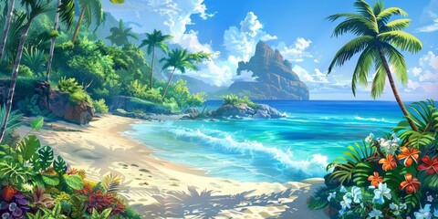 A serene beach scene with lush palm trees and vibrant flowers under a bright sky, perfect for vacation and travel themes.