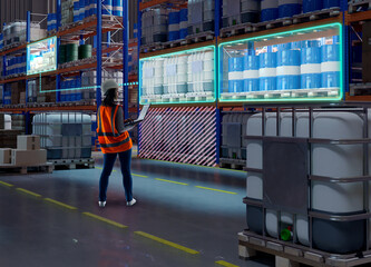Poster - warehouse technologies. woman in storage building. storekeeper monitors fullness of shelves via lapt