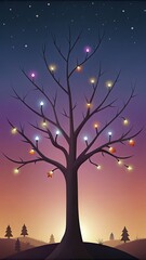 Canvas Print - Leafless tree adorned with glowing lights at dusk.