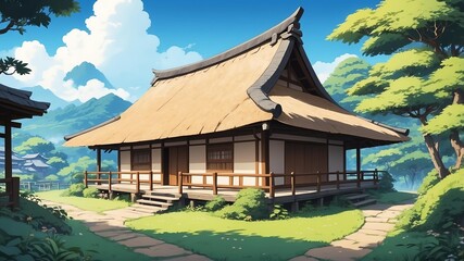 Wall Mural - retro style anime thatched roof illustration background