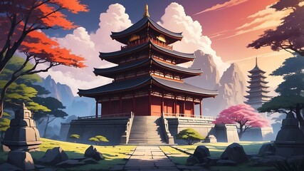 Wall Mural - retro style anime temple illustration for background