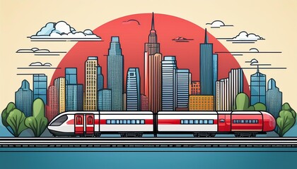 Wall Mural - Cityscape train travel with skyscrapers in background on tracks in illustration of business trip journey beaucoup beauty art