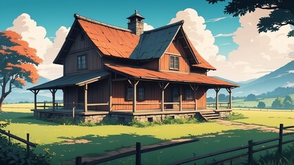 Wall Mural - retro style anime rural farmhouse illustration background