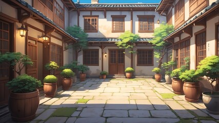 Wall Mural - retro style anime courtyard illustration background