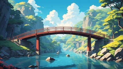 Wall Mural - retro style anime bridge illustration for background