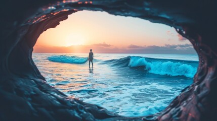 Silhouette of a Woman Standing on a Tropical Beach Watching the Sunset Through a Cave Opening