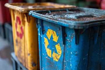 Two trash cans blue and one yellow with a recycling symbol