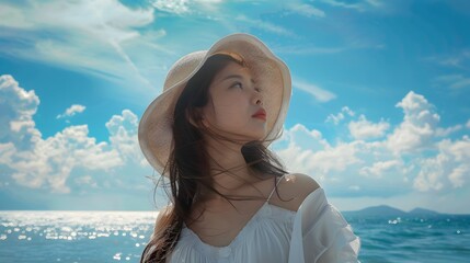 Asian woman at sea UV protection