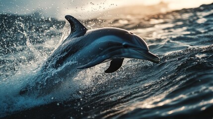 Poster - A detailed shot of a dolphin splashing and playing near the water surface, with a focus on the droplets and the dolphin's sleek, shiny skin.
