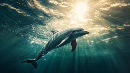 Poster - A detailed shot of a dolphin swimming just beneath the water's surface, with its body partially visible and the play of light creating a captivating underwater effect.