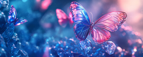 Canvas Print - Magical Butterfly on Crystal Rocks.