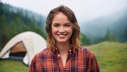 Wall Mural - portrait of a smiling young woman in a plaid shirt standing in the rain in front of a tent