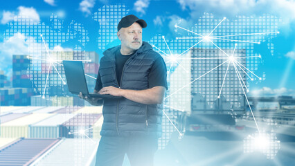 Poster - Man is logistician. Transport dispatcher with laptop. Logistician thinks through supply chains. Delivery coordination specialist. Man is logistician near truck. Global logistics business