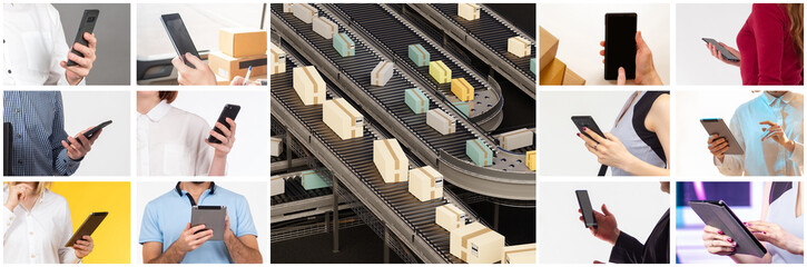 Poster - Logistics technologies. Gadgets in people hands. Logistics conveyor. Tracking parcels via internet concept. Boxes on conveyor belt in logistics center. Tracking delivery from online store
