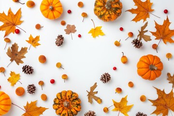 Wall Mural - thanksgiving background decoration, fall leaves, berries and pumpkins on a white background