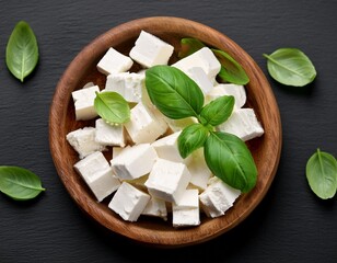 Wall Mural - Top view of fresh feta cheese in wooden bowl with basil leaves