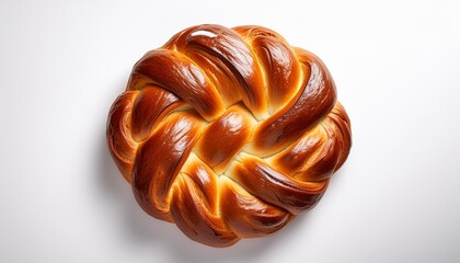 top view of round braided bread isolated on white background