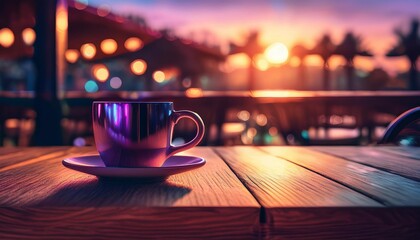 Wall Mural - Cup of coffee / tea on a wooden table in the morning light at a restaurant; synthwave