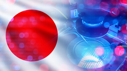 Poster - Microelectronics production in Japan. Manufacturing of microchips. Flag of Japan. Microprocessor testing machine. Motherboard production. Microelectronics industry in Japan. Semiconductor technology