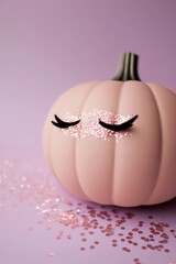 Wall Mural - Pumpkin with glitter and eyelashes on a light purple background. Perfect for modern and stylish Halloween decor.