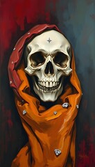 A close-up of a human skull wearing an orange hooded cloak against a dark red background