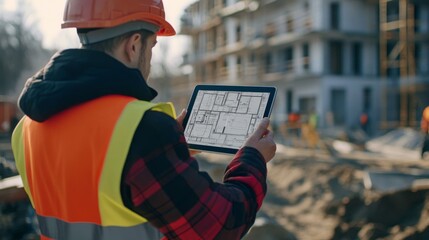 Poster - A detailed shot of a site engineer holding a tablet with construction plans open, wearing a high-visibility vest and a helmet, against a backdrop of ongoing work