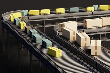 Poster - Conveyor with cardboard boxes. Production line. Parcels travel along conveyor belt. Production process. Double conveyor in dark room. Steel roller production line. Fulfillment, distribution. 3d image