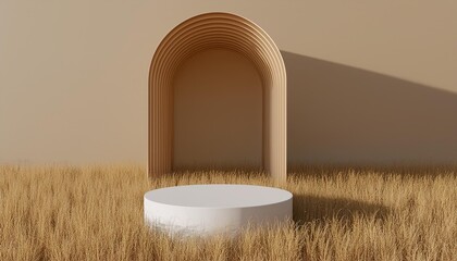 Wall Mural - 3D podium background, pedestal stand on natural dry grass. Summer product scene display. Arch classical studio. Minimal showcase 3D render advertisement, illustration.