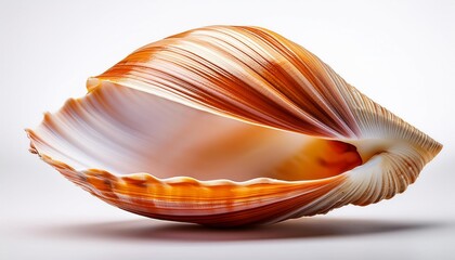 A closeup of an open seashell with a white background