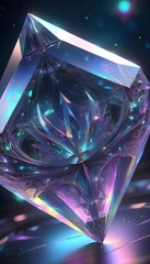 Wall Mural - A close-up view of a large, faceted crystal or gemstone with intricate, abstract patterns and reflections in shades of purple, blue, and green