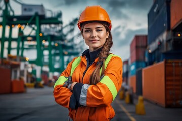 Sticker - A woman in an orange safety suit and hard hat standing in front of a container ship