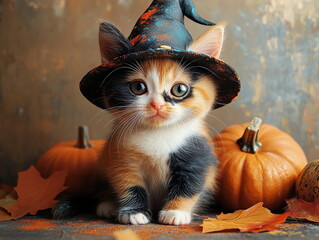 A fluffy calico kitten wearing an oversized witch's hat, surrounded by autumn leaves and pumpkins, with glittering magic dust floating around it, Halloween background 