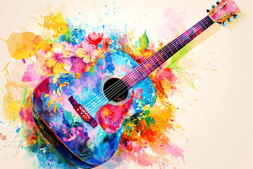 Canvas Print - Colorful Acoustic Guitar with Floral Watercolor Splashes.