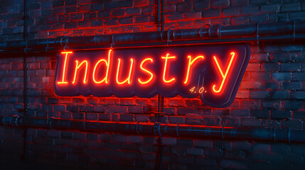 Poster - neon sign displaying industry 4.0 is glowing on a brick wall, emphasizing the concept of industrial 
