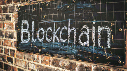 Leinwandbilder - Creative blockchain concept on a chalkboard fixed to a brick wall, symbolizing finance, tech, and innovation with keywords like cryptocurrency and bitcoin