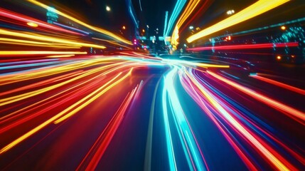 Poster - A detailed shot of colorful light trails from moving vehicles, with streaks of red, blue, and yellow illuminating the scene against a night backdrop.