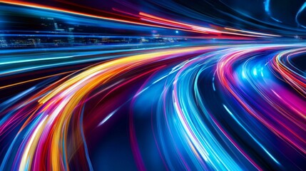 Poster - A detailed shot of colorful light trails from moving vehicles, with streaks of red, blue, and yellow illuminating the scene against a night backdrop.