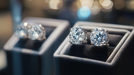 Poster - A detailed shot of diamond earrings in a display case, with a focus on the sparkle of the diamonds and the quality of the setting under soft lighting.
