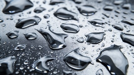 Fototapete - A detailed shot of water droplets on a metallic surface, with reflections and highlights creating a textured, visually interesting pattern.