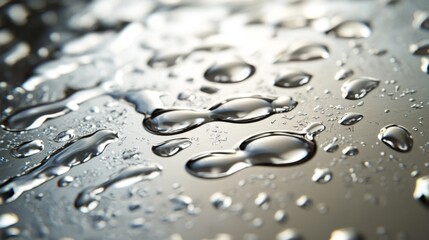Fototapete - A detailed shot of water droplets on a metallic surface, with reflections and highlights creating a textured, visually interesting pattern.