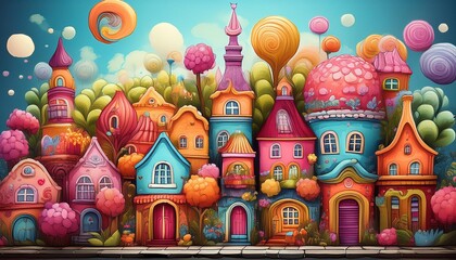 A whimsical digital illustration of a colorful and cute town